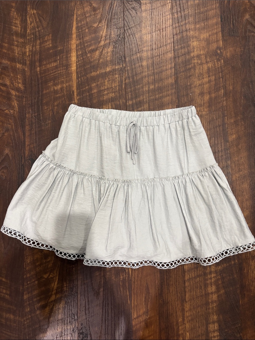 She + Sky Light Gray Tiered Mini Skirt with Lace Hem